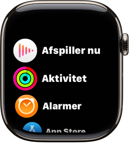 Hjemmeskærm i listeoversigt med apps i alfabetisk rækkefølge.