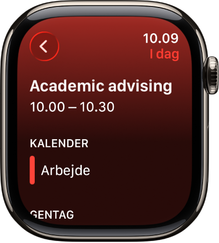 Skærm i Kalender, der viser en ny begivenhed. Navnet på begivenheden findes øverst med begivenhedens klokkeslæt nedenunder. Begivenhedens dato og navnet på den kalender, som begivenheden hører til, vises under overskriften Kalender.