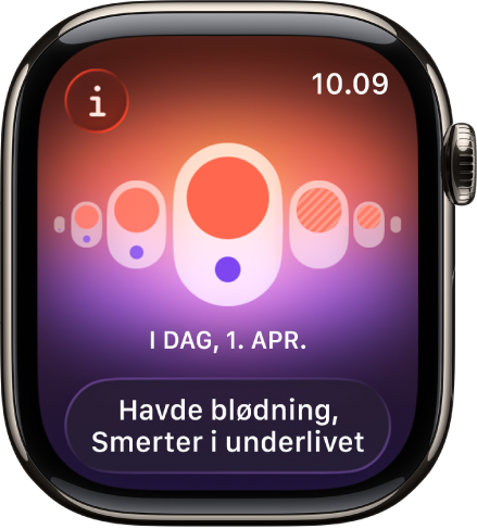 En skærm i appen Min cyklus, der viser en registreret menstruation med registrerede symptomer nederst på skærmen.