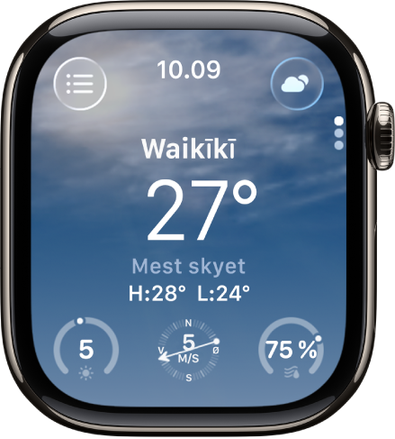 Appen Vejr, som viser en oversigt over dagens vejr. Lokalitetens navn vises over den aktuelle temperatur. Nederst er tre knapper – UV-indeks, Vindhastighed og Nedbør. Knappen Lokalitet er øverst til højre, og knappen Vejrforhold er øverst til højre.