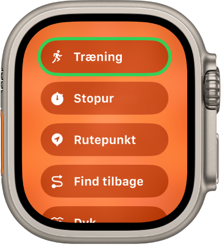 Skærmen Hurtigt skift, der viser handlingerne, som kan tildeles til handlingsknappen, f.eks. Træning, Stopur, Rutepunkt og Find tilbage.