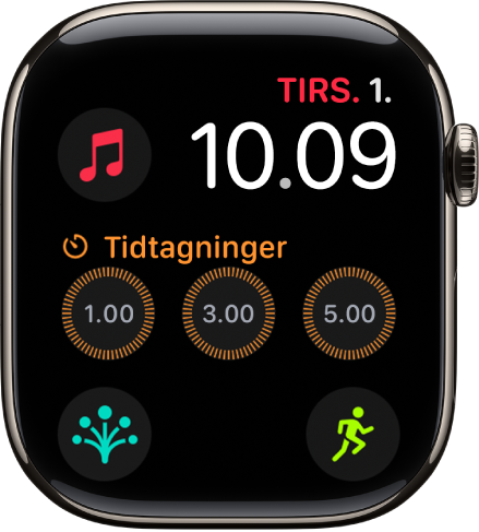 Urskiven Modulær, der viser datoen og klokkeslættet øverst til højre og seks komplikationer: Jorden øverst til venstre, Tidtagninger i midten og Træning, Kompas og Sindsstemning nederst.