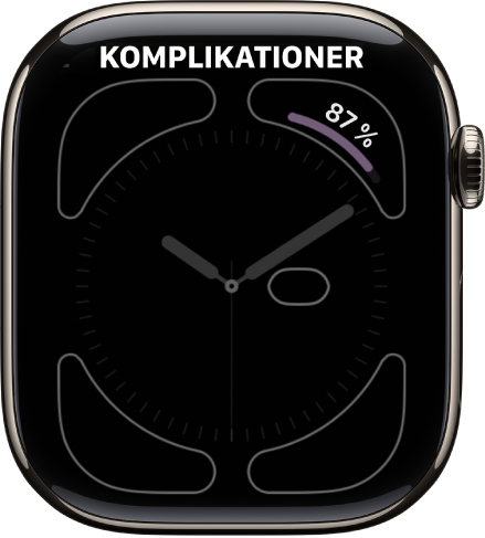 Skærmen til tilpasning af urskiven. Komplikationen med batteriprocent er i øverste højre hjørne.