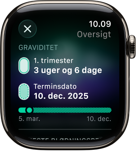 En skærm i appen Min cyklus, der viser et resume af en graviditet med en gestationsalder og terminsdato midt på skærmen.