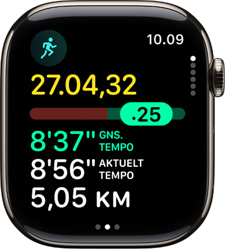 Appen Træning på Apple Watch viser oversigten Fartholder i træningen Løb udendørs. Øverst ses løbets varighed. Nedenunder er der et mærke, som angiver, hvor meget du er foran eller bagud i forhold til dit tempo. Gennemsnitstempo, aktuelt tempo og distance vises nedenunder.