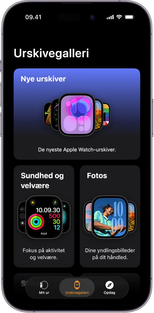 Appen Watch åbnes i Urskivegalleri. Den øverste række viser urskiver, der er nye, og de næste rækker viser urskiver grupperet efter type – for eksempel Sundhed og velvære og Fotos. Du kan rulle for at se flere urskiver grupperet efter type.
