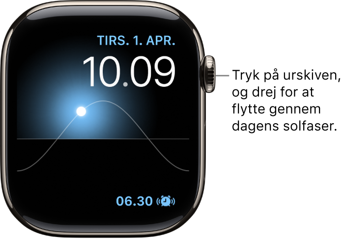 Urskiven Solursgraf viser oplysninger om ugedag, dato og klokkeslæt, som du ikke kan ændre på. Komplikationen Tidtagning vises nederst til højre. Tryk på urskiven, og drej derefter på Digital Crown for at flytte solen hen over himlen til skumring, daggry, zenit, solnedgang og mørke.