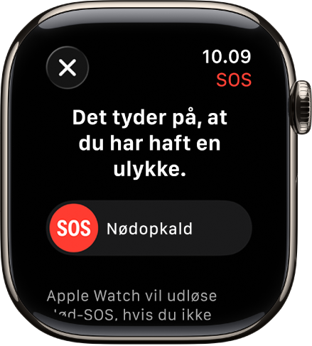 Skærmen Registrering af ulykke viser mærket SOS, som kan starte et nødopkald.