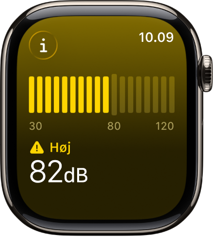 Appen Støj, der viser en lydmåler og et lydniveau på 89 decibel med ordet ”Højt” ovenover.