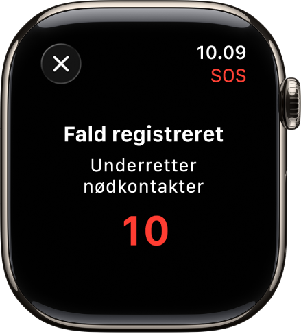 En skærm viser “Fald registreret” og en nedtælling til, at nødkontakterne får besked.