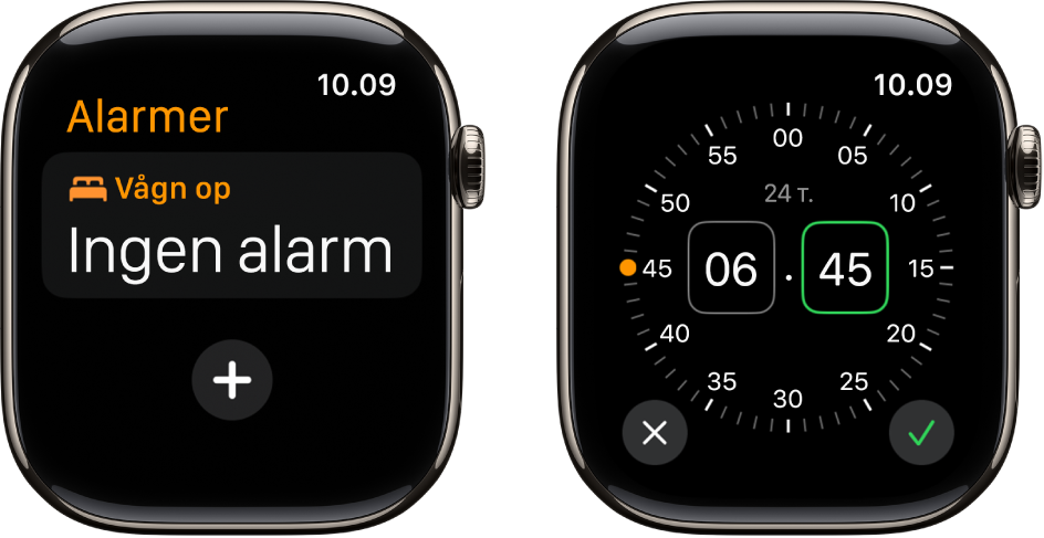 To urskærme, der viser, hvordan en alarm tilføjes: Tryk på Tilføj alarm (og AM eller PM hvis relevant), drej på Digital Crown for at justere tiden, og tryk på knappen Indstil.
