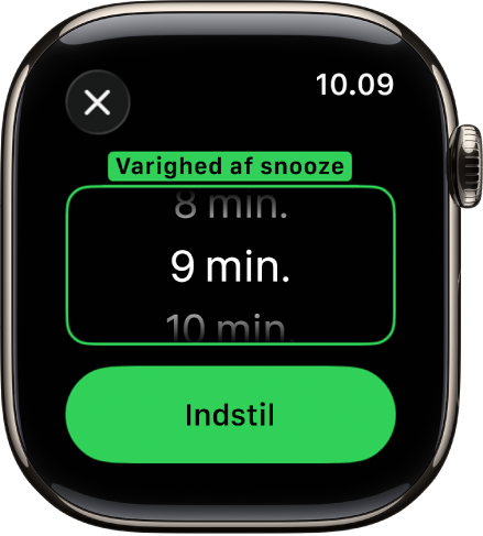 En skærm på uret, der viser indstillinger til Varighed af snooze i appen Alarmer.