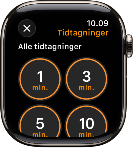 Skærmen med appen Tidtagning, der viser tilføjelsesknappen til at oprette en ny tidtagning samt hurtige tidtagninger på 1, 3, 5 eller 10 minutter.
