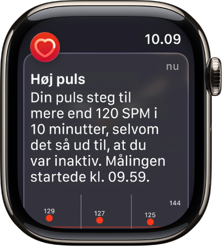En skærm med advarsel om puls, som indikerer høj puls.