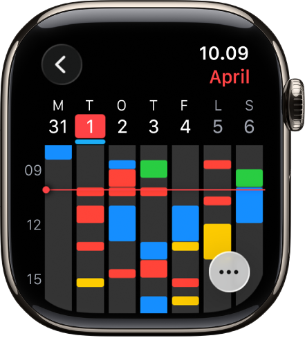 Appen Kalender, der viser begivenheder i ugen. Hver begivenhed er farvekodet; farven viser, hvilken kalender begivenheden hører til. Navnet på måneden er øverst til højre, og dagene og datoerne er fordelt hen over toppen. Alle dagens begivenheder er markeret med en linje under hver dags dato. En linje hen over ugen indikerer det aktuelle klokkeslæt. Knappen Mere findes nederst til højre.