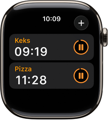 Zwei Timer in der App „Timer“. Jeder Timer zeigt die verbleibende Zeit unter dem Namen des Timers sowie rechts neben dem Timer eine Pausetaste. Oben rechts befindet sich die Taste „Hinzufügen“.