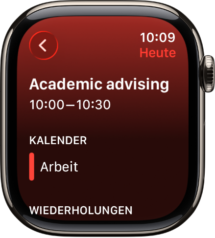 Die App „Kalender“ mit einem neuen Ereignis. Oben wird der Name des Ereignisses angezeigt, darunter die Uhrzeit des Ereignisses. Unter der Kalenderüberschrift befindet sich das Datum und der Name des Kalenders, zu dem das Ereignis gehört.