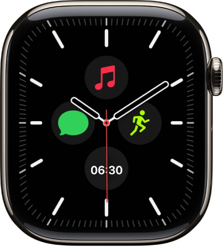 Das Zifferblatt „Meridian“, auf dem du die Farbe und Details des Zifferblatts anpassen kannst. Im Inneren eines analogen Zifferblatts sind vier Komplikationen zu sehen: „Datum“ oben, „Übersetzen“ rechts, „Nachrichten“ unten und „Training“ links.