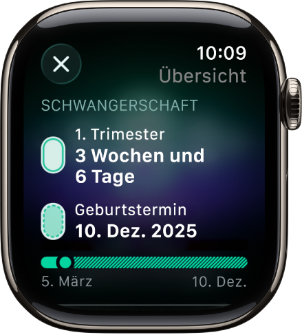 Eine Anzeige der App „Zyklusprotokoll“ zeigt eine Schwangerschaftsübersicht mit dem Schwangerschaftsalter und dem berechneten Termin in der Mitte.