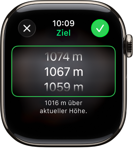 Die App „Kompass“ mit dem Bildschirm „Zielhöhe“. Eine scrollbare Liste von Höhen wird in der Mitte des Bildschirms angezeigt. Unterhalb der Liste kannst du sehen, welcher Höhenunterschied zwischen der ausgewählten Höhe und deiner aktuellen Höhe besteht. Oben befinden sich die Tasten „Schließen“ und „Stellen“.