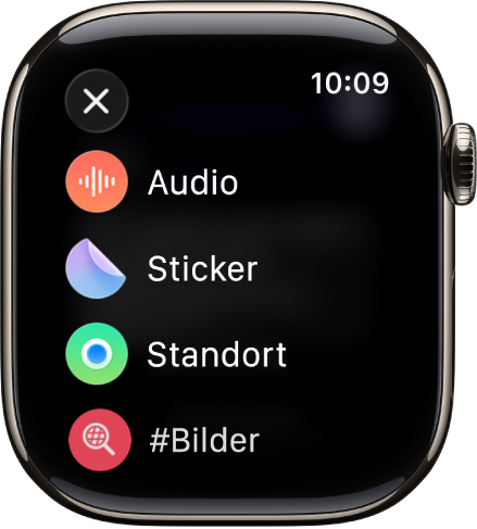 Die Anzeige „Nachrichten“ mit den Anhangsoptionen, wie Audio, Sticker, Standort und Bilder.