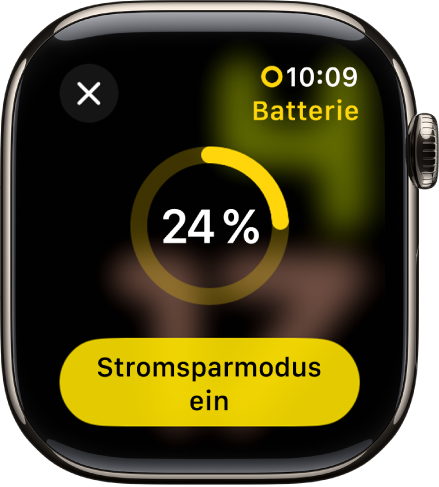 Die Anzeige für den Stromsparmodus mit einem Teil eines gelben Rings, der die Restladung angibt. Unten befindet sich die Taste „Stromsparmodus ein“.