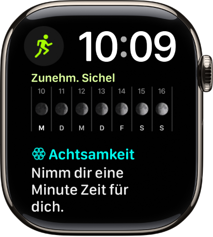 Das Zifferblatt „Modular Duo“ mit einer digitalen Uhr oben rechts und drei Komplikationen: „Training“ oben links, „Mondphase“ in der Mitte und „Achtsamkeit“ unten.