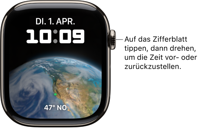 Auf dem Zifferblatt „Astronomie“ werden Wochentag, Datum und aktuelle Uhrzeit angezeigt. Unten ist die Komplikation „Timer“ zu sehen. Tippe auf das Zifferblatt und drehe dann die Digital Crown, um in der Zeit vor- oder zurückzugehen.