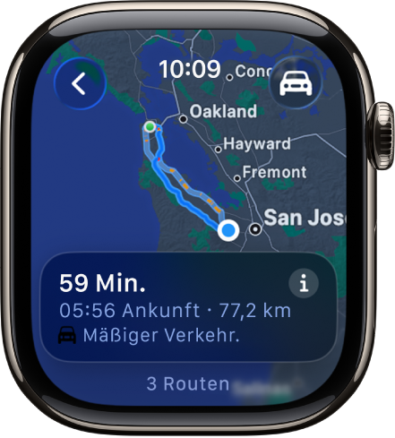 Die App „Karten“ mit einer Übersicht der Route. Der erste Abschnitt der Route wird unten angezeigt.