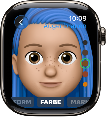 Die App „Memoji“ auf der Apple Watch mit der Anzeige zum Bearbeiten der Nase. Das Gesicht ist in einer Nahaufnahme zu sehen, die Nase befindet sich in der Mitte. Unten auf dem Display wird das Wort „Farbe“ angezeigt.
