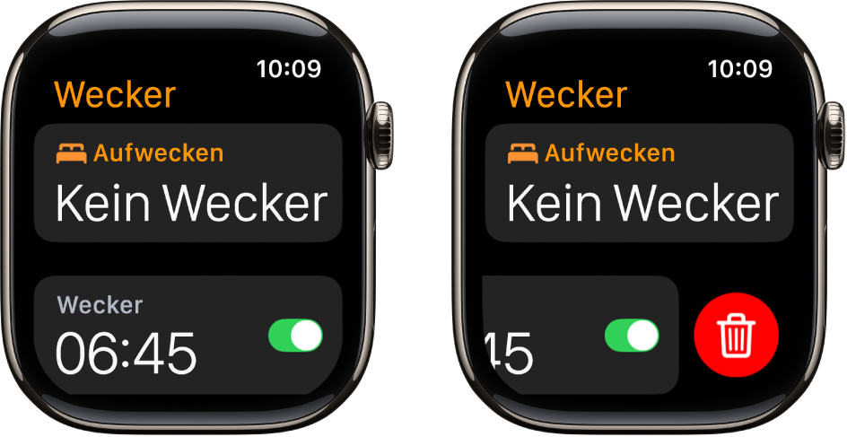 Zwei Ansichten der Uhr, die die Vorgehensweise zum Löschen eines Weckers zeigen.