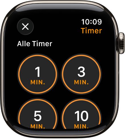 Die App „Timer“ zeigt die Taste „Hinzufügen“, mit der ein neuer Timer erstellt werden kann, sowie Schnell-Timern für 1, 3, 5 oder 10 Minuten.