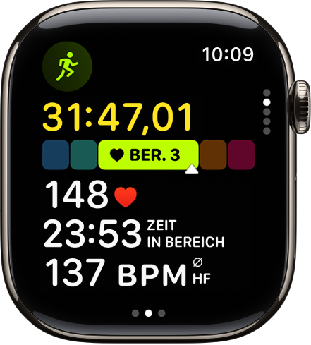 Ein aktives Lauftraining zeigt die verstrichene Trainingszeit, deine aktuelle Zone, die Herzfrequenz, Zeit in der Zone und durchschnittliche Herzfrequenz.