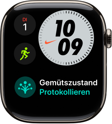 Das Zifferblatt „Nike Compact“ mit Tag und Datum oben links, der Uhrzeit oben rechts, der Komplikation „Training“ in der Mitte links und der Komplikation „Timer“.