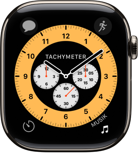 Das Zifferblatt „Chronograph Pro“, auf dem du die Farbe und Details des Zifferblatts anpassen kannst. Es sind vier Komplikationen zu sehen: „Nachrichten“ oben links, „Training“ oben rechts, „Timer“ unten links und „Musik“ unten rechts.
