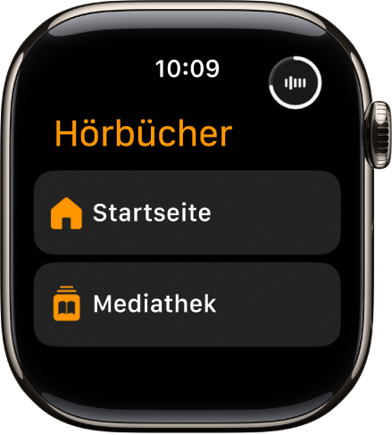 Die App „Hörbücher“ mit den Tasten „Startseite“ und „Mediathek“.