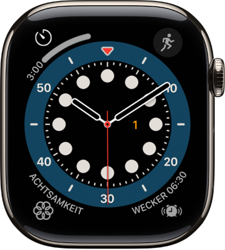 Das Zifferblatt „Hochzählen“. Es sind vier Komplikationen zu sehen: „Training“ oben links, „Nachrichten“ oben rechts, „Achtsamkeit“ unten links und „Musik“ unten rechts.