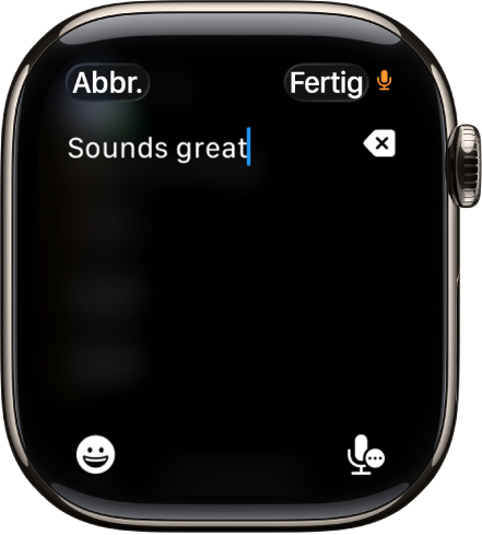 Der Textfeldbildschirm zeigt eine Nachricht, die mit der Diktierfunktion erstellt wurde. Die Tasten „Emoji“ und „Diktieren“ befinden sich unten auf dem Bildschirm.