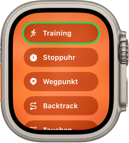 Der Bildschirm „Schnellwechsel“ zeigt die Aktionen, die der Aktionstaste zugewiesen werden können, wie zum Beispiel „Training“, „Stoppuhr“ und „Wegpunkt“.
