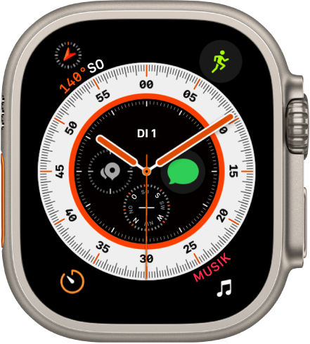 Das Zifferblatt „Wegweiser“ zeigt eine analoge Uhr mit der Komplikation „Batterie“ oben links, „Training“ oben rechts, „Timer“ unten links und „Musik“ unten rechts. Etwa in der Mitte des Zifferblatts befinden sich vier Komplikationen – „Datum“ oben, „Erde“ rechts, „Kompass“ unten und „Kompass-Wegpunkte“ links.