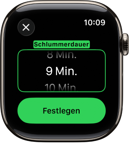 Ein Watch-Bildschirm zeigt die Optionen zum Festlegen einer Schlummerdauer in der App „Wecker“.