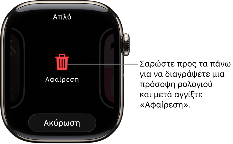 Οθόνη του Apple Watch με τα κουμπιά «Αφαίρεση» και «Ακύρωση», τα οποία εμφανίζονται όταν κάνετε σάρωση σε μια νέα πρόσοψη ρολογιού. Σαρώστε προς τα πάνω στην πρόσοψη ρολογιού για να τη διαγράψετε.