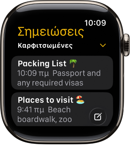 Η οθόνη «Σημειώσεις» που εμφανίζει δύο καρφιτσωμένες σημειώσεις.
