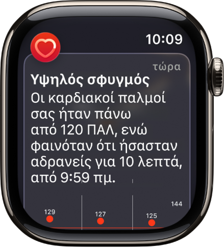 Μια οθόνη Ειδοποίησης καρδιακών παλμών που δείχνει ότι ανιχνεύτηκε υψηλός σφυγμός.