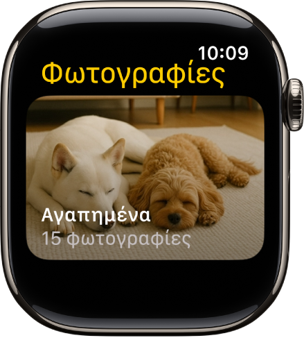 Η εφαρμογή «Φωτογραφίες» στο Apple Watch όπου εμφανίζεται ένα άλμπουμ με τίτλο «Αγαπημένα».