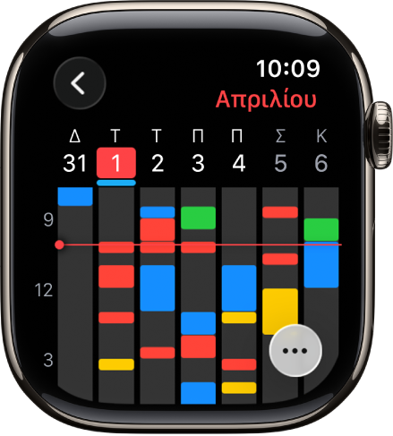 Η εφαρμογή «Ημερολόγιο» που εμφανίζει γεγονότα για την εβδομάδα. Κάθε γεγονός είναι χρωματικά κωδικοποιημένο για να υποδεικνύει το ημερολόγιο στο οποίο ανήκει. Το όνομα του μήνα βρίσκεται πάνω δεξιά, ενώ οι ημέρες και οι ημερομηνίες είναι απλωμένες στο πάνω μέρος. Τα ολοήμερα γεγονότα επισημαίνονται με μια γραμμή κάτω από την ημερομηνία κάθε ημέρας. Μια γραμμή κατά μήκος της εβδομάδας υποδεικνύει την τρέχουσα ώρα. Το κουμπί «Περισσότερα» βρίσκεται κάτω δεξιά.