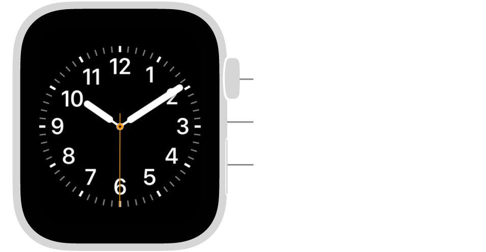 The front of Apple Watch Series 6, with the display showing the watch face, and the Digital Crown, microphone, and side button from top to bottom on the side of the watch.