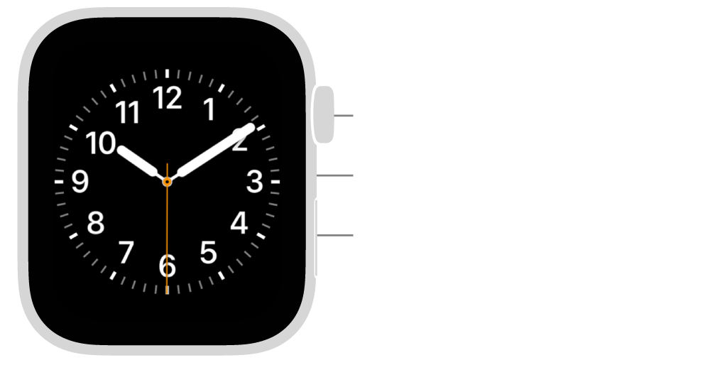 The front of Apple Watch SE 3, with the display showing the watch face, and the Digital Crown, microphone, and side button from top to bottom on the side of the watch.