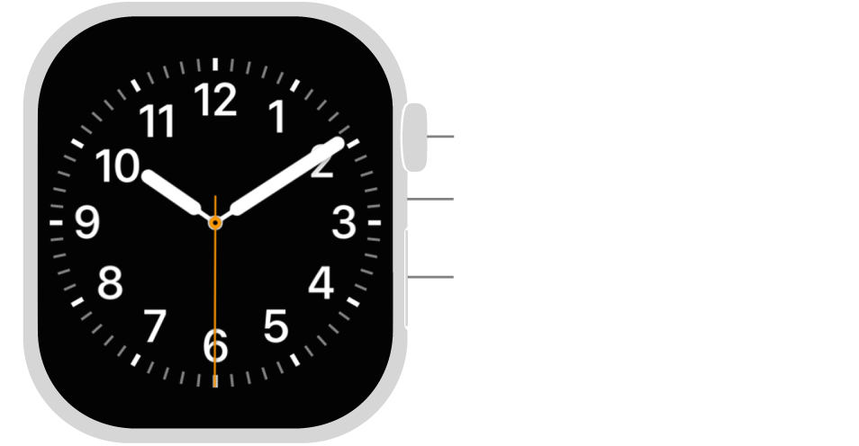 The front of Apple Watch Series 11, with the display showing the watch face, and the Digital Crown, microphone, and side button from top to bottom on the side of the watch.