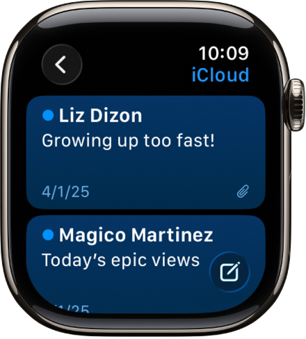 An inbox in the Mail app showing two emails. The back button is at the top-left and the compose button is at the bottom-right.